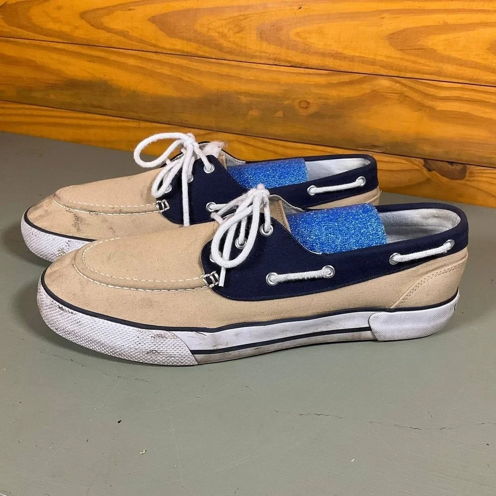 POLO Ralph Lauren FRANZ Men's Tan/Navy Blue Canvas Boat Shoes Size 11.5D Lace Up